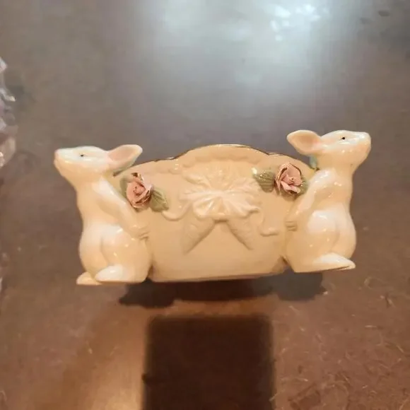 Easter Bunny With Pink Roses Gold Edged Bowl Candy Dish Flower Pot Decor - Picture 5 of 5